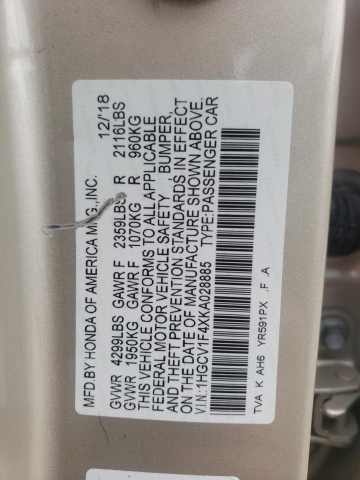 2019 Honda Accord VIN 1HGCV1F4XKA028885 Copart auction photo, rear end / minor dent/scratches damage thumbnail 12