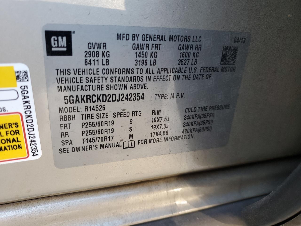 2013 Buick Enclave VIN 5GAKRCKD2DJ242354 Copart auction photo, top/roof damage thumbnail 13