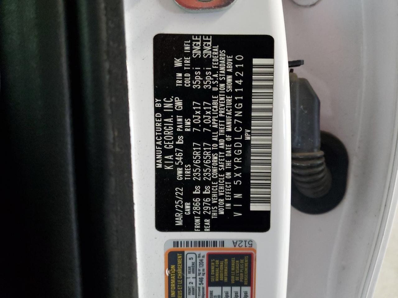 2022 KIA Sorento VIN 5XYRGDLC7NG114210 Copart auction photo, minor dent/scratches damage thumbnail 13