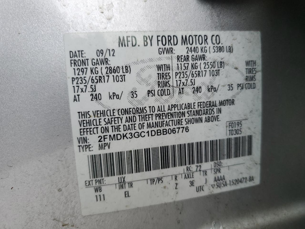 2013 Ford Edge VIN 2FMDK3GC1DBB06776 Copart auction photo, front end damage thumbnail 13