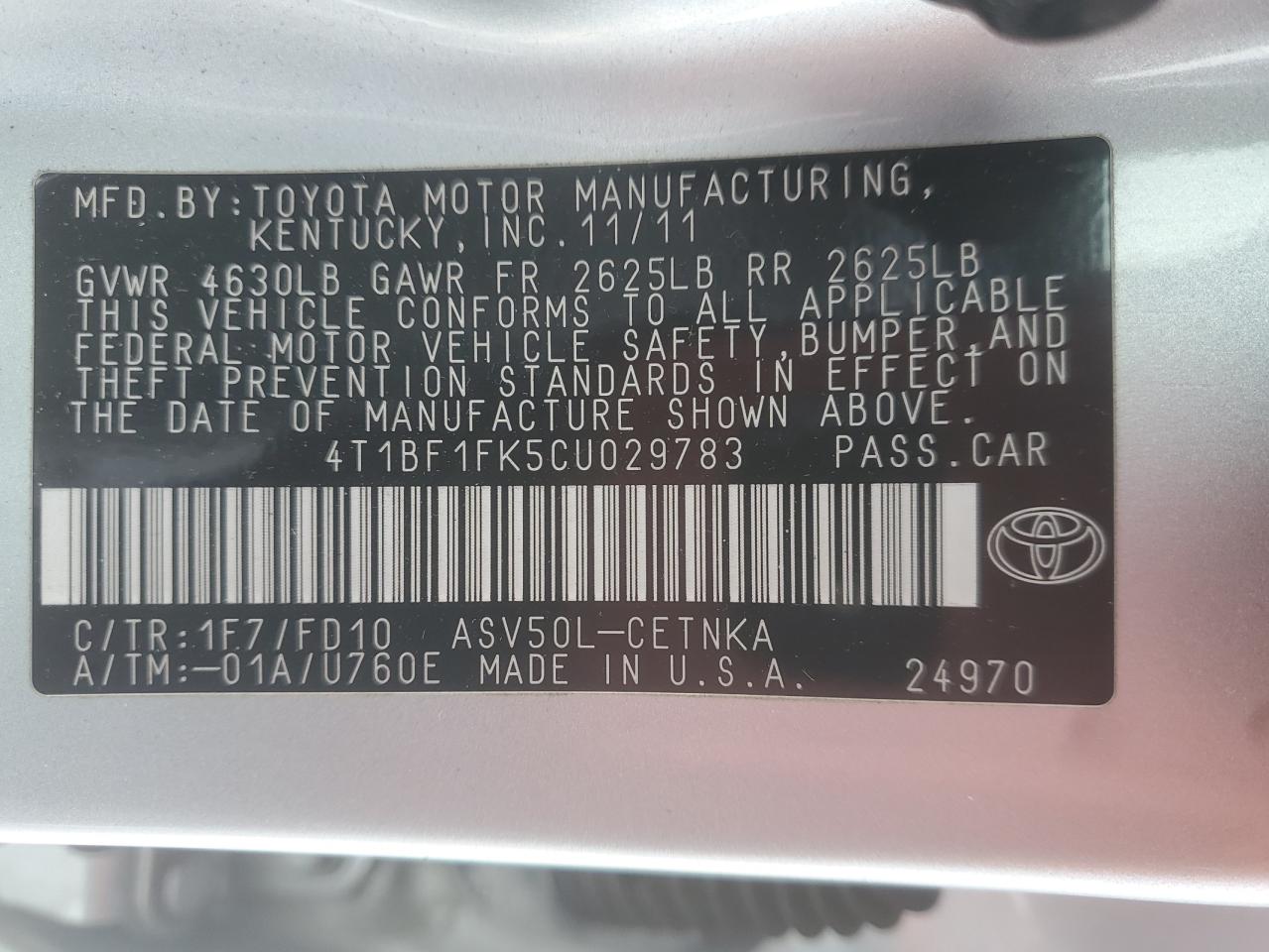 2012 Toyota Camry VIN 4T1BF1FK5CU029783 Copart auction photo, rear end / minor dent/scratches damage thumbnail 12