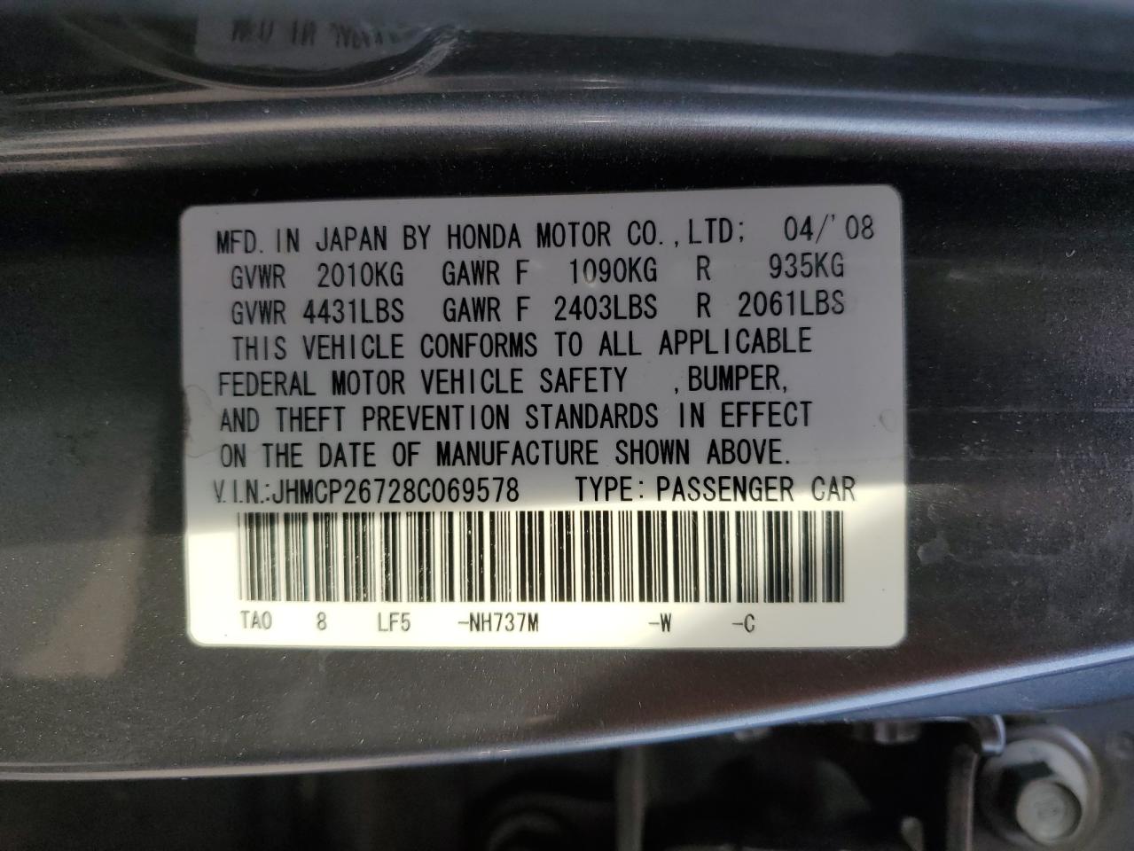 2008 Honda Accord VIN JHMCP26728C069578 Copart auction photo, front end / undercarriage damage thumbnail 12