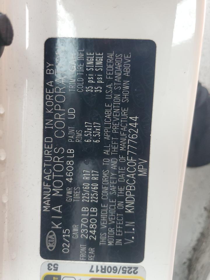 2015 KIA Sportage VIN KNDPBCAC0F7776244 Copart auction photo, front end / side damage thumbnail 13
