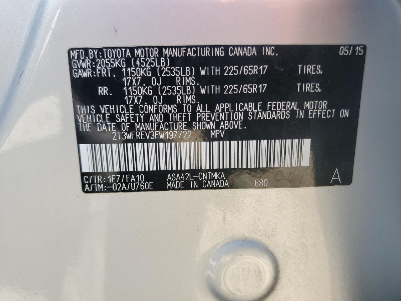 2015 Toyota RAV 4 VIN 2T3WFREV3FW197722 Copart auction photo, rear end damage thumbnail 13