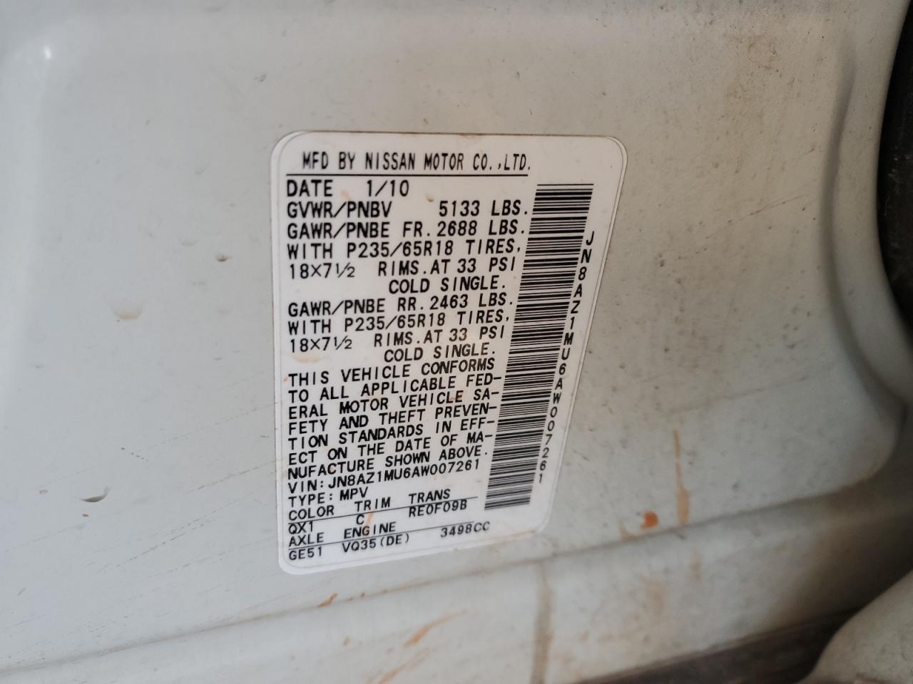 2010 Nissan Murano VIN JN8AZ1MU6AW007261 Copart auction photo, front end damage thumbnail 15