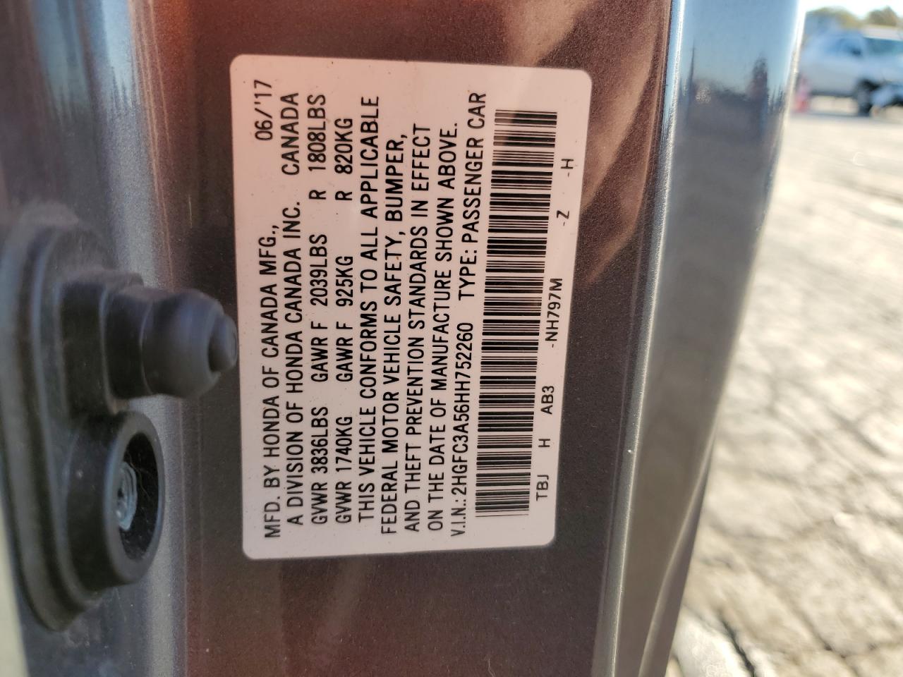 2017 Honda Civic VIN 2HGFC3A56HH752260 Copart auction photo, front end / rear end damage thumbnail 12