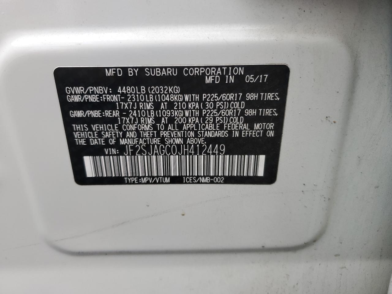 2018 Subaru Forester VIN JF2SJAGC0JH412449 Copart auction photo, rear end damage thumbnail 12