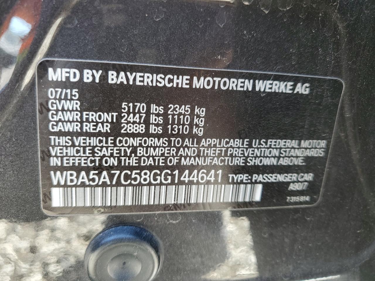 2016 BMW 5er VIN WBA5A7C58GG144641 Copart auction photo, side damage thumbnail 12