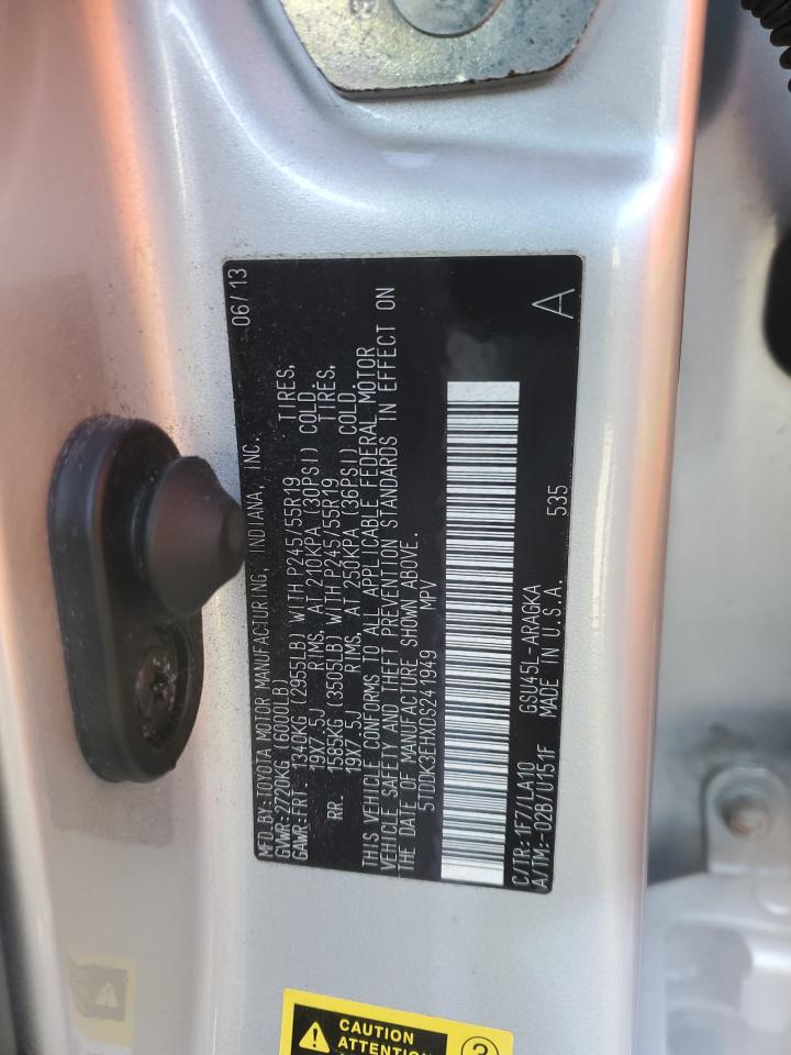 2013 Toyota Highlander VIN 5TDDK3EHXDS241949 Copart auction photo, front end / minor dent/scratches damage thumbnail 16