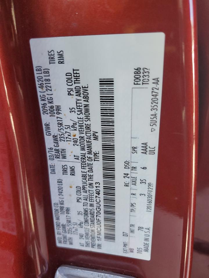 2016 Ford Escape VIN 1FMCU0F70GUC74013 Copart auction photo, minor dent/scratches damage thumbnail 13