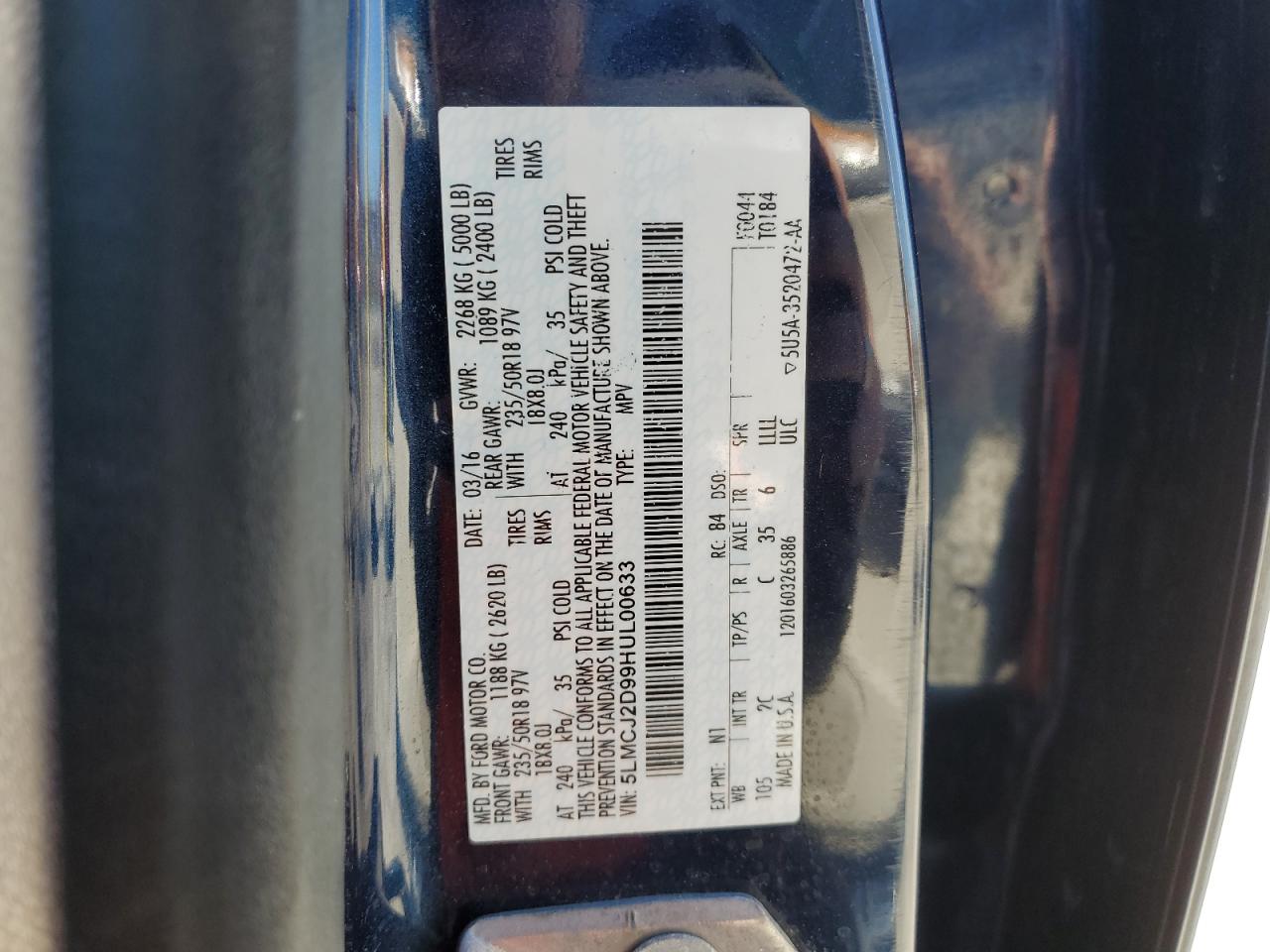 2017 Lincoln MKC VIN 5LMCJ2D99HUL00633 Copart auction photo, front end / minor dent/scratches damage thumbnail 14