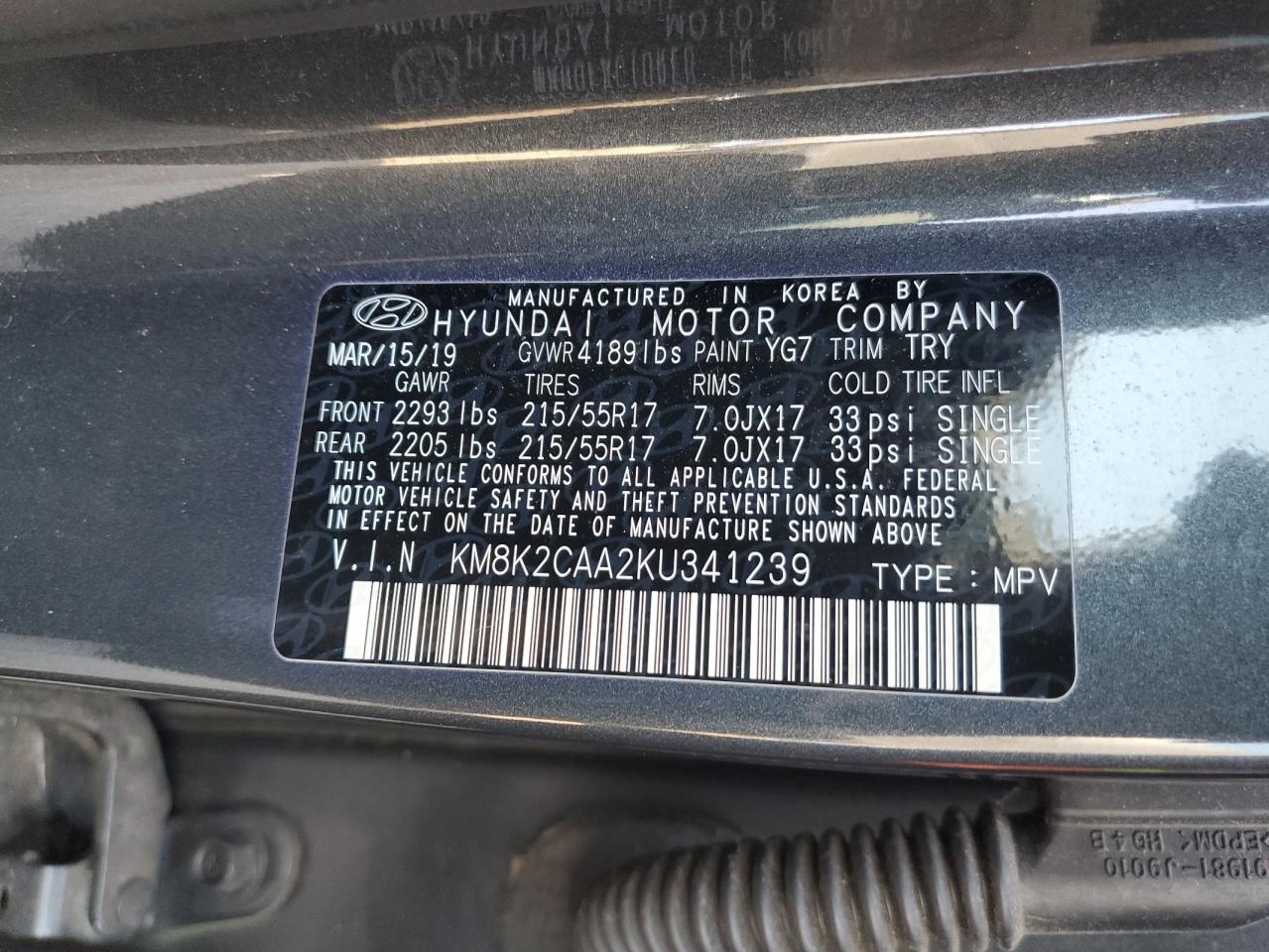 2019 Hyundai Kona VIN KM8K2CAA2KU341239 Copart auction photo, side / minor dent/scratches damage thumbnail 14