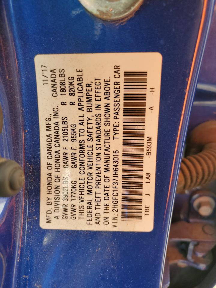 2018 Honda Civic VIN 2HGFC1F37JH643016 Copart auction photo, side / front end damage thumbnail 13