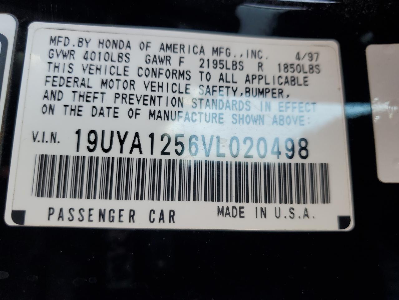 1997 Acura CL VIN 19UYA1256VL020498 Copart auction photo, minor dent/scratches damage thumbnail 12