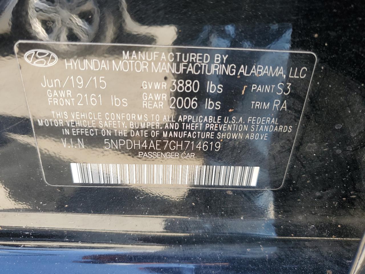 2016 Hyundai Elantra VIN 5NPDH4AE7GH714619 Copart auction photo, water/flood damage thumbnail 12
