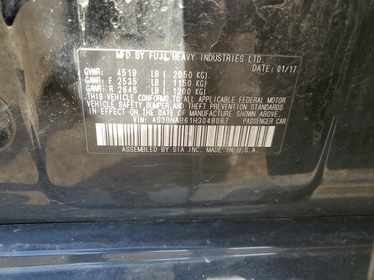 2017 Subaru Legacy VIN 4S3BNAB61H3048067 Copart auction photo, side / mechanical damage thumbnail 12