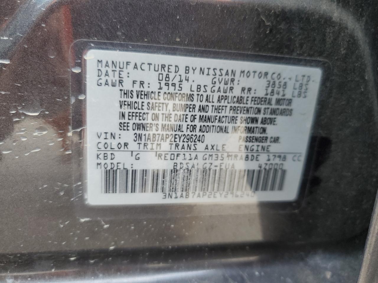 2014 Nissan Sentra VIN 3N1AB7AP2EY296240 Copart auction photo, minor dent/scratches damage thumbnail 12