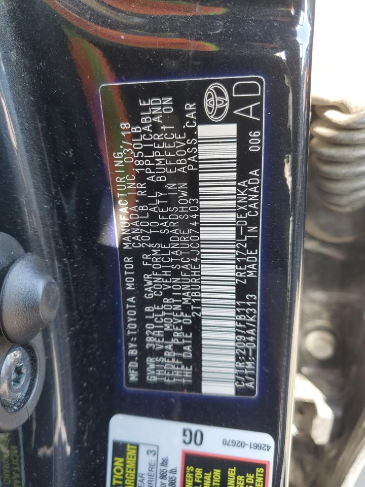 2018 Toyota Corolla VIN 2T1BURHE4JC074403 Copart auction photo, front end / side damage thumbnail 12