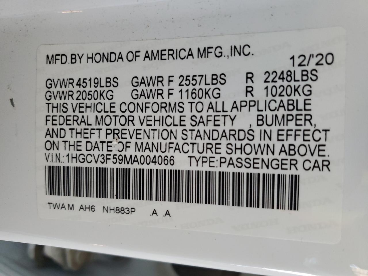 2021 Honda Accord VIN 1HGCV3F59MA004066 Copart auction photo, rear end / side damage thumbnail 12
