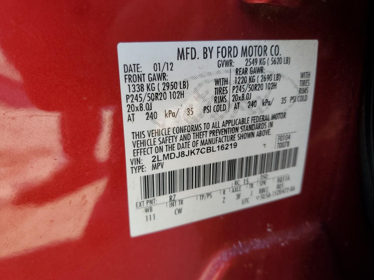 2012 Lincoln MKX VIN 2LMDJ8JK7CBL16219 Copart auction photo, front end damage thumbnail 14