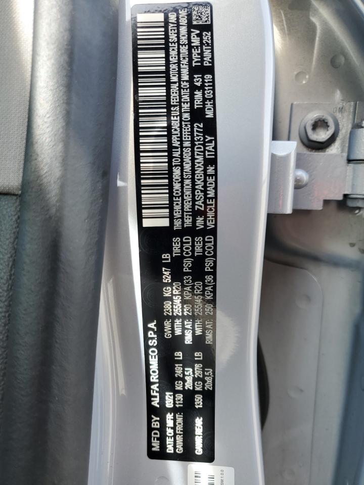 2021 Alfa Romeo Stelvio VIN ZASPAKBNXM7D13772 Copart auction photo, front end damage thumbnail 14