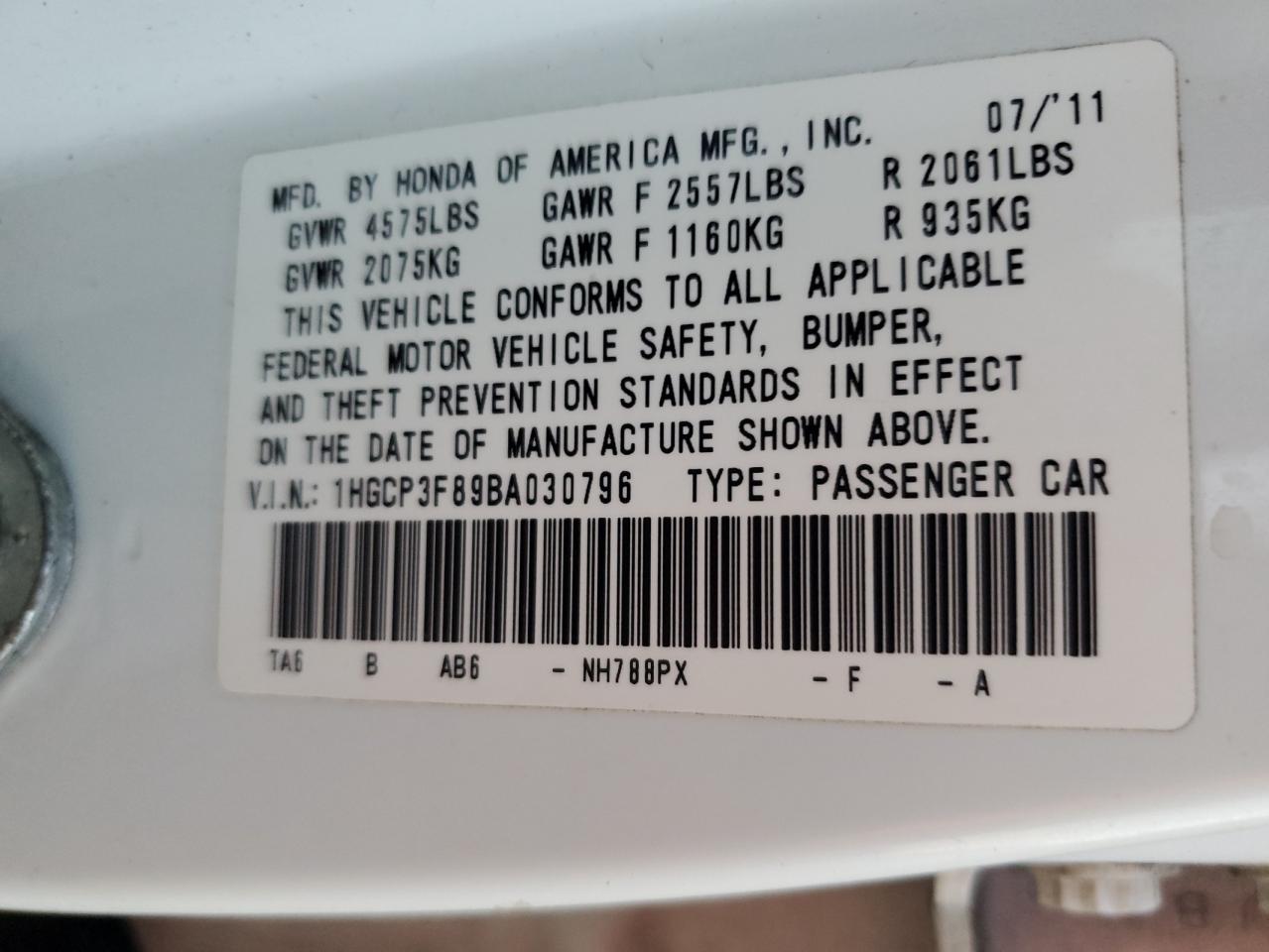 2011 Honda Accord VIN 1HGCP3F89BA030796 Copart auction photo, water/flood damage thumbnail 13