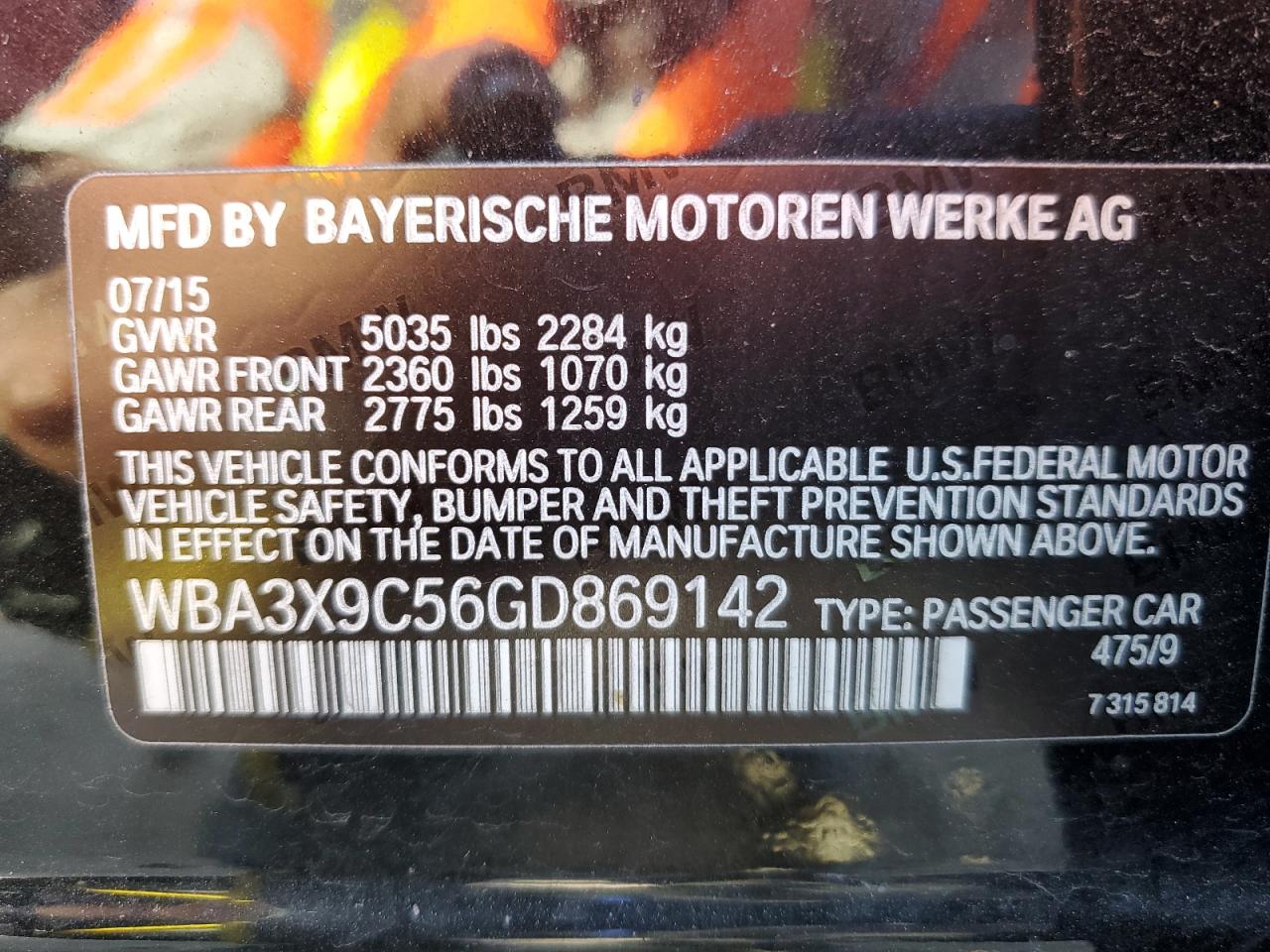 2016 BMW 3er VIN WBA3X9C56GD869142 Copart auction photo, front end damage thumbnail 13