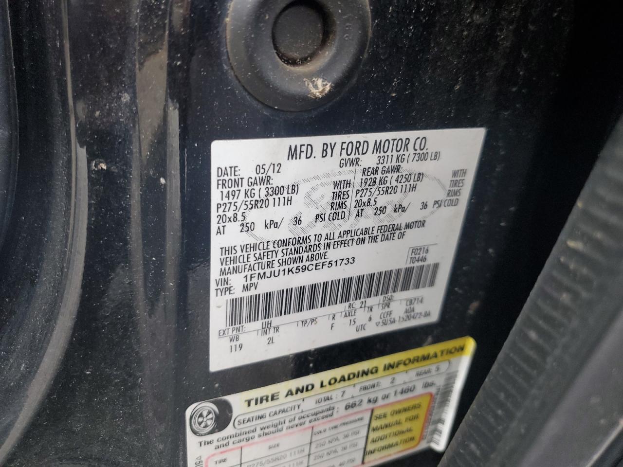 2012 Ford Expedition VIN 1FMJU1K59CEF51733 Copart auction photo, hail / minor dent/scratches damage thumbnail 13
