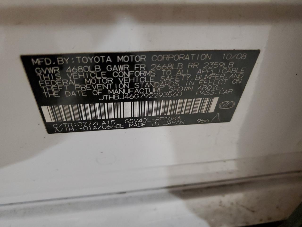 2009 Lexus ES VIN JTHBJ46G792293560 Copart auction photo, front end / minor dent/scratches damage thumbnail 12