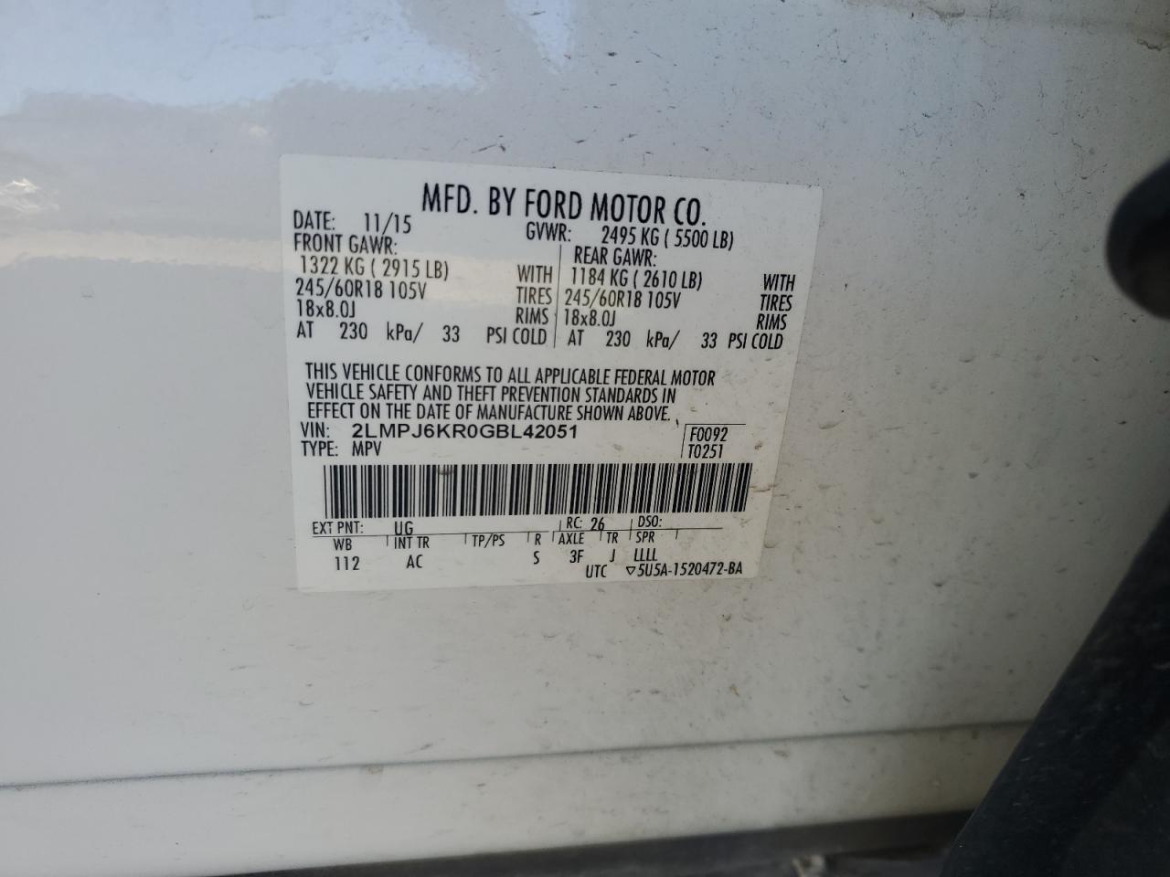 2016 Lincoln MKX VIN 2LMPJ6KR0GBL42051 Copart auction photo, front end / side damage thumbnail 13