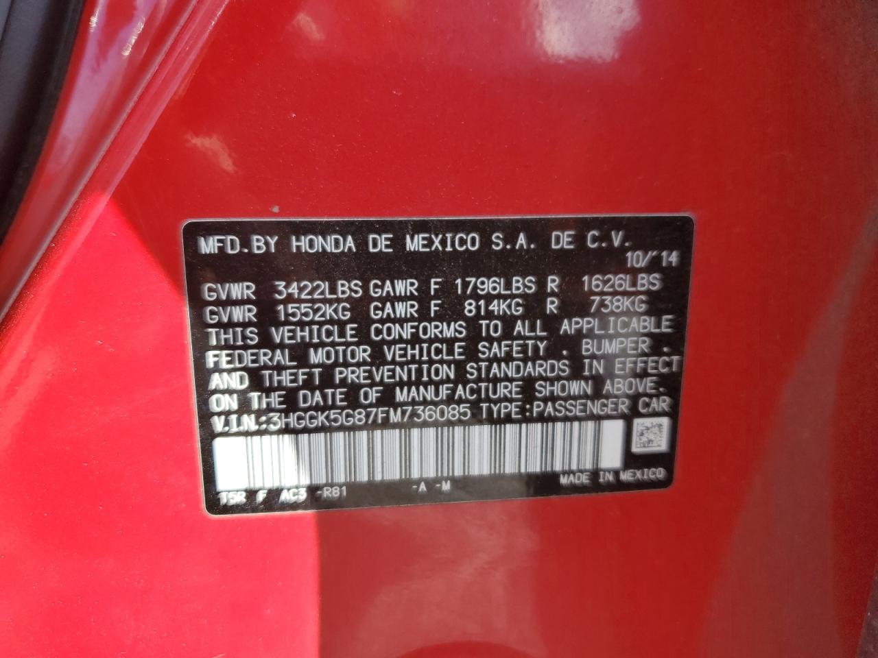 2015 Honda Fit VIN 3HGGK5G87FM736085 Copart auction photo, side damage thumbnail 14