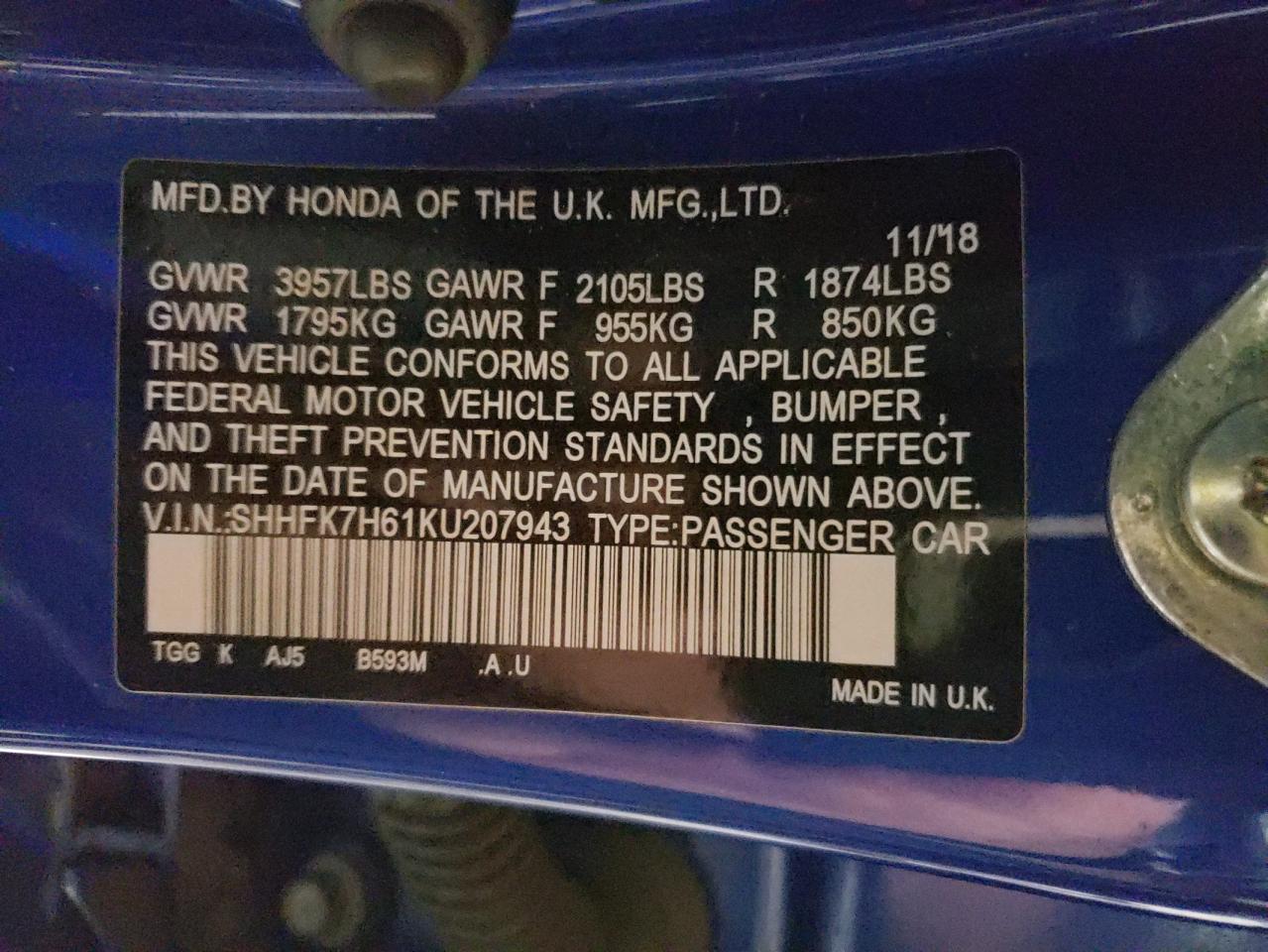 2019 Honda Civic VIN SHHFK7H61KU207943 Copart auction photo, front end damage thumbnail 12