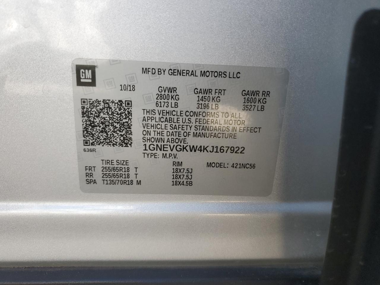 2019 Chevrolet Traverse VIN 1GNEVGKW4KJ167922 Copart auction photo, rear end damage thumbnail 13
