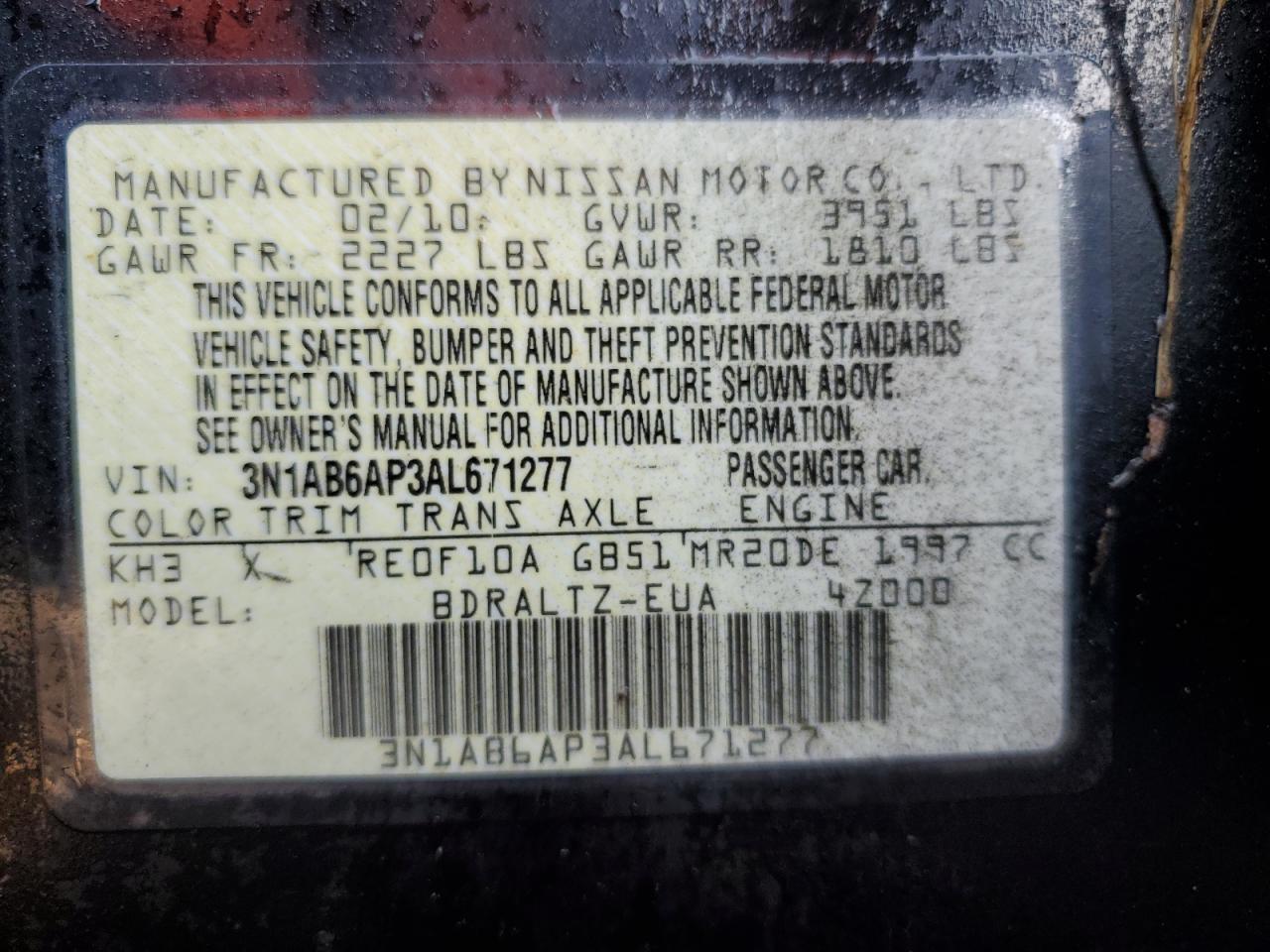 2010 Nissan Sentra VIN 3N1AB6AP3AL671277 Copart auction photo, water/flood / front end damage thumbnail 13