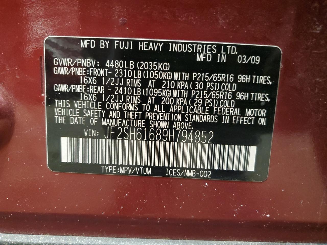 2009 Subaru Forester VIN JF2SH61689H794852 Copart auction photo, side / rear end damage thumbnail 13