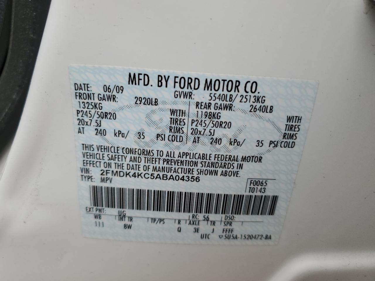 2010 Ford Edge VIN 2FMDK4KC5ABA04356 Copart auction photo, side / front end damage thumbnail 13