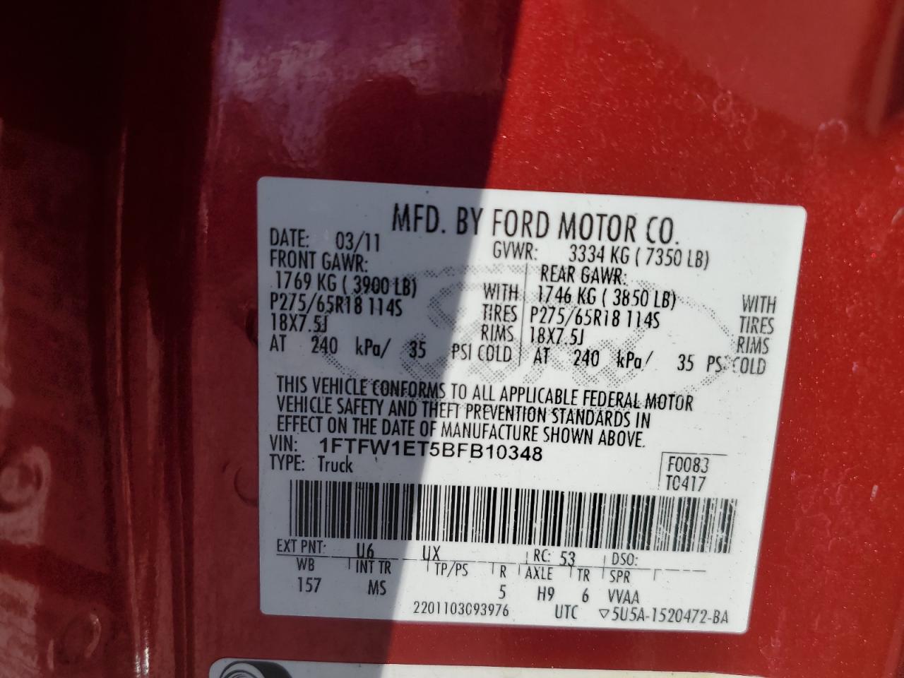 2011 Ford F-150 VIN 1FTFW1ET5BFB10348 Copart auction photo, normal wear damage thumbnail 12