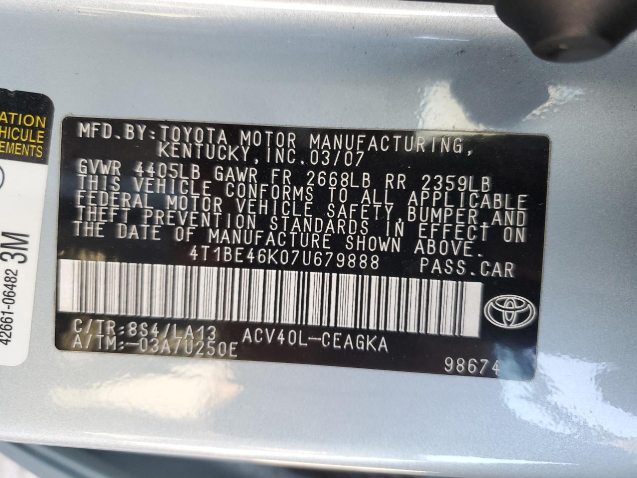 2007 Toyota Camry VIN 4T1BE46K07U679888 Copart auction photo, side damage thumbnail 14