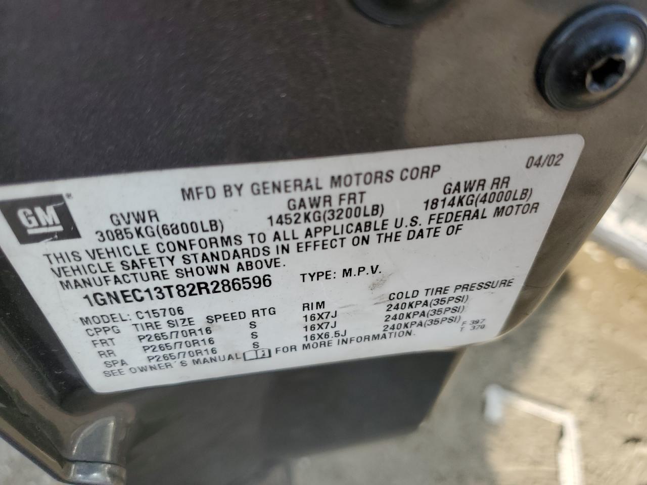 2002 Chevrolet Tahoe VIN 1GNEC13T82R286596 Copart auction photo, mechanical damage thumbnail 13