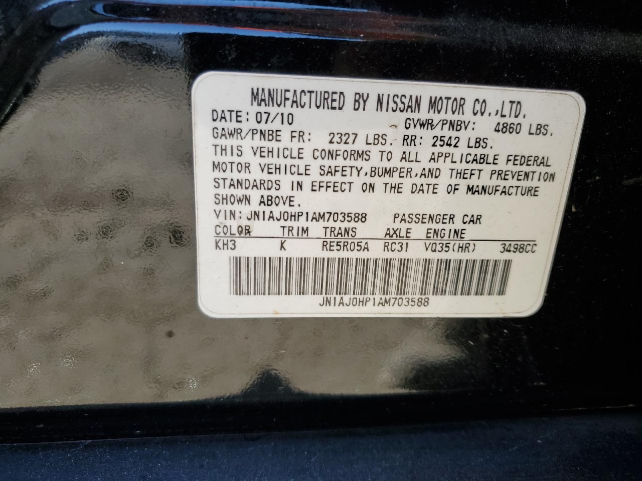2010 Infiniti EX VIN JN1AJ0HP1AM703588 Copart auction photo, side / front end damage thumbnail 13