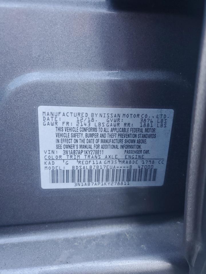 2019 Nissan Sentra VIN 3N1AB7AP1KY278811 Copart auction photo, minor dent/scratches damage thumbnail 12