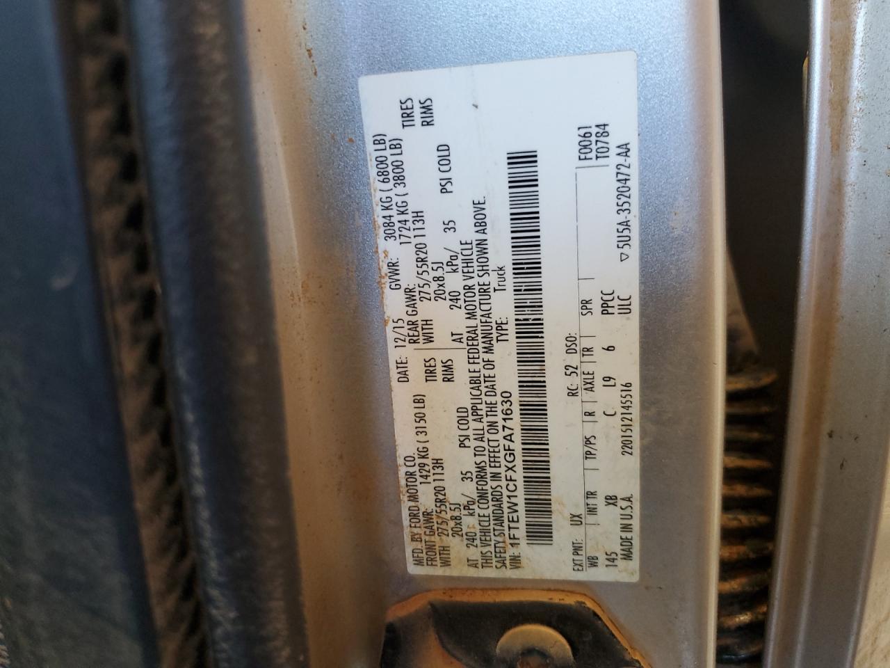 2016 Ford F-150 VIN 1FTEW1CFXGFA71630 Copart auction photo, water/flood / minor dent/scratches damage thumbnail 12