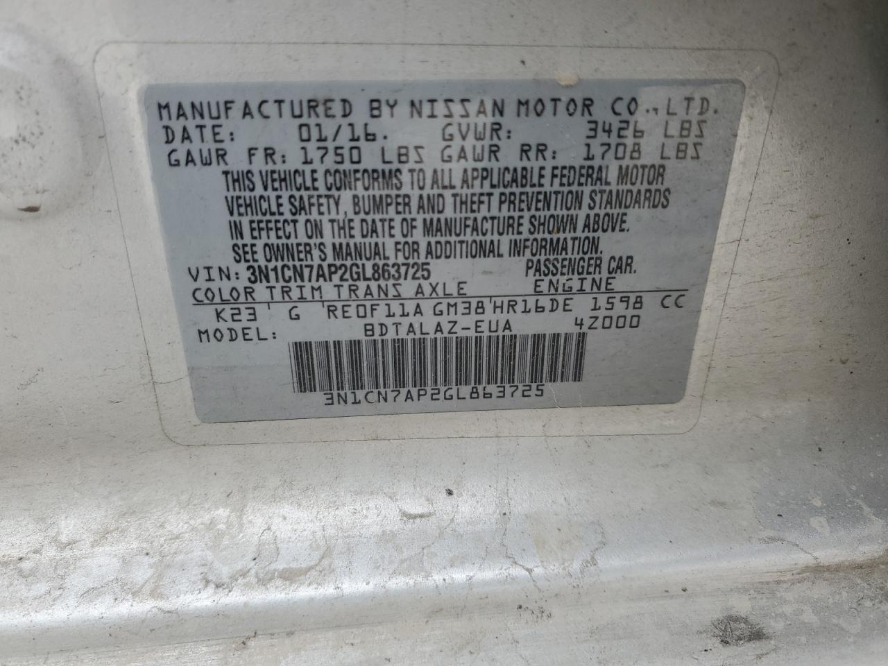 2016 Nissan Versa VIN 3N1CN7AP2GL863725 Copart auction photo, all over damage thumbnail 14