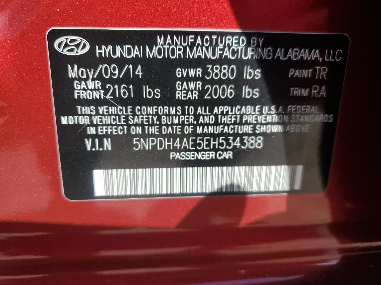 2014 Hyundai Elantra VIN 5NPDH4AE5EH534388 Copart auction photo, front end damage thumbnail 14