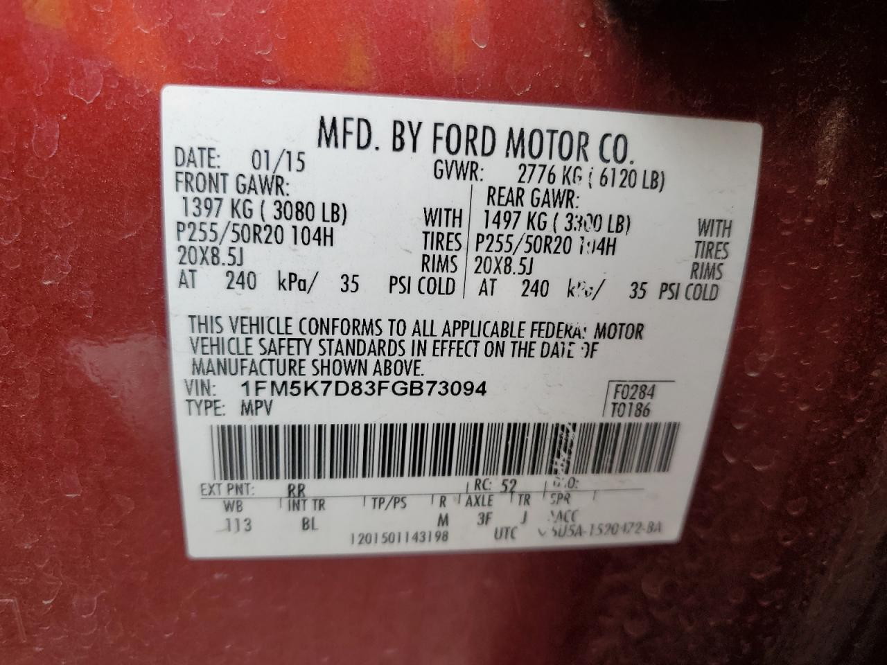 2015 Ford Explorer VIN 1FM5K7D83FGB73094 Copart auction photo, front end damage thumbnail 13