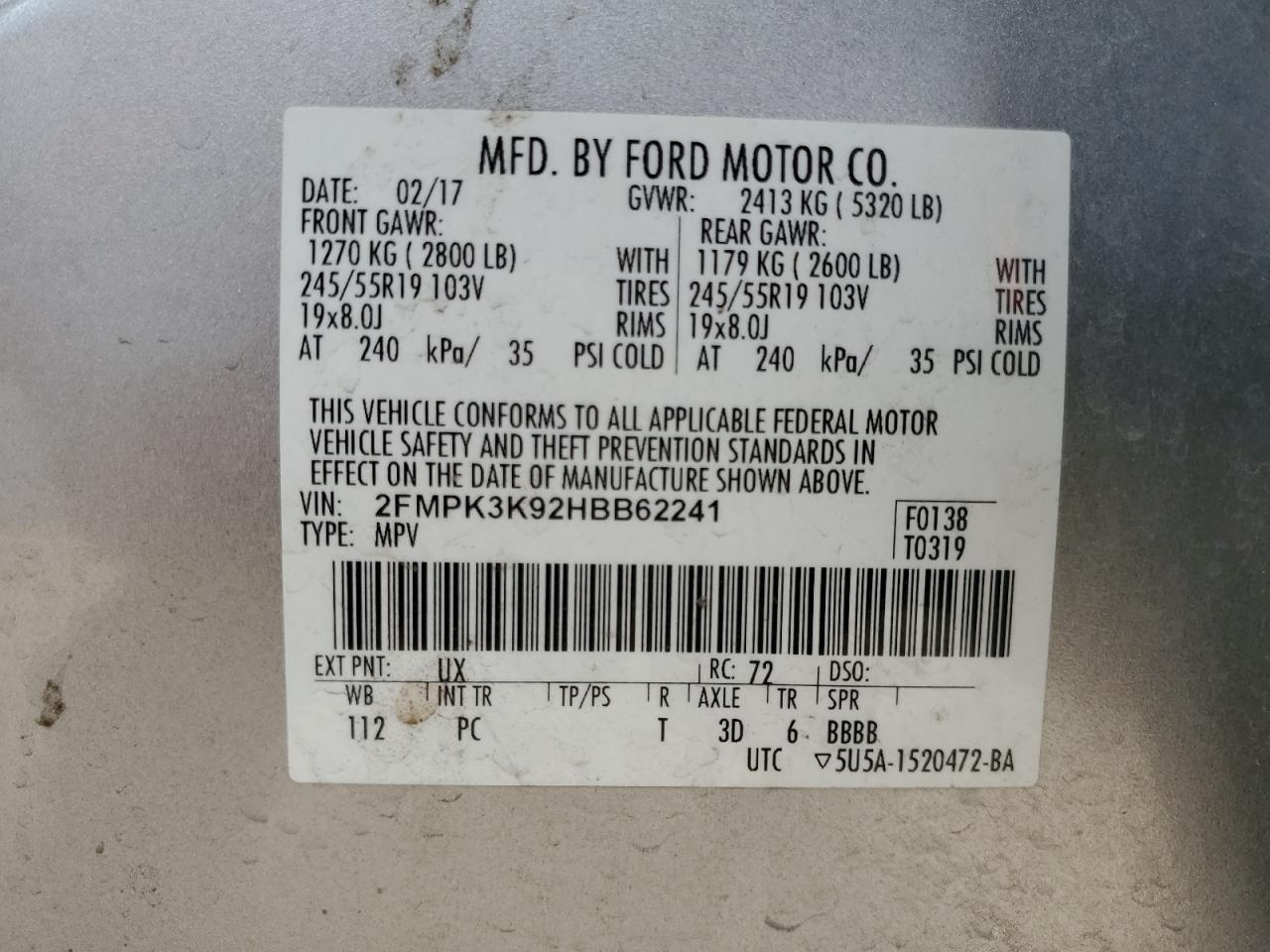 2017 Ford Edge VIN 2FMPK3K92HBB62241 Copart auction photo, all over damage thumbnail 14