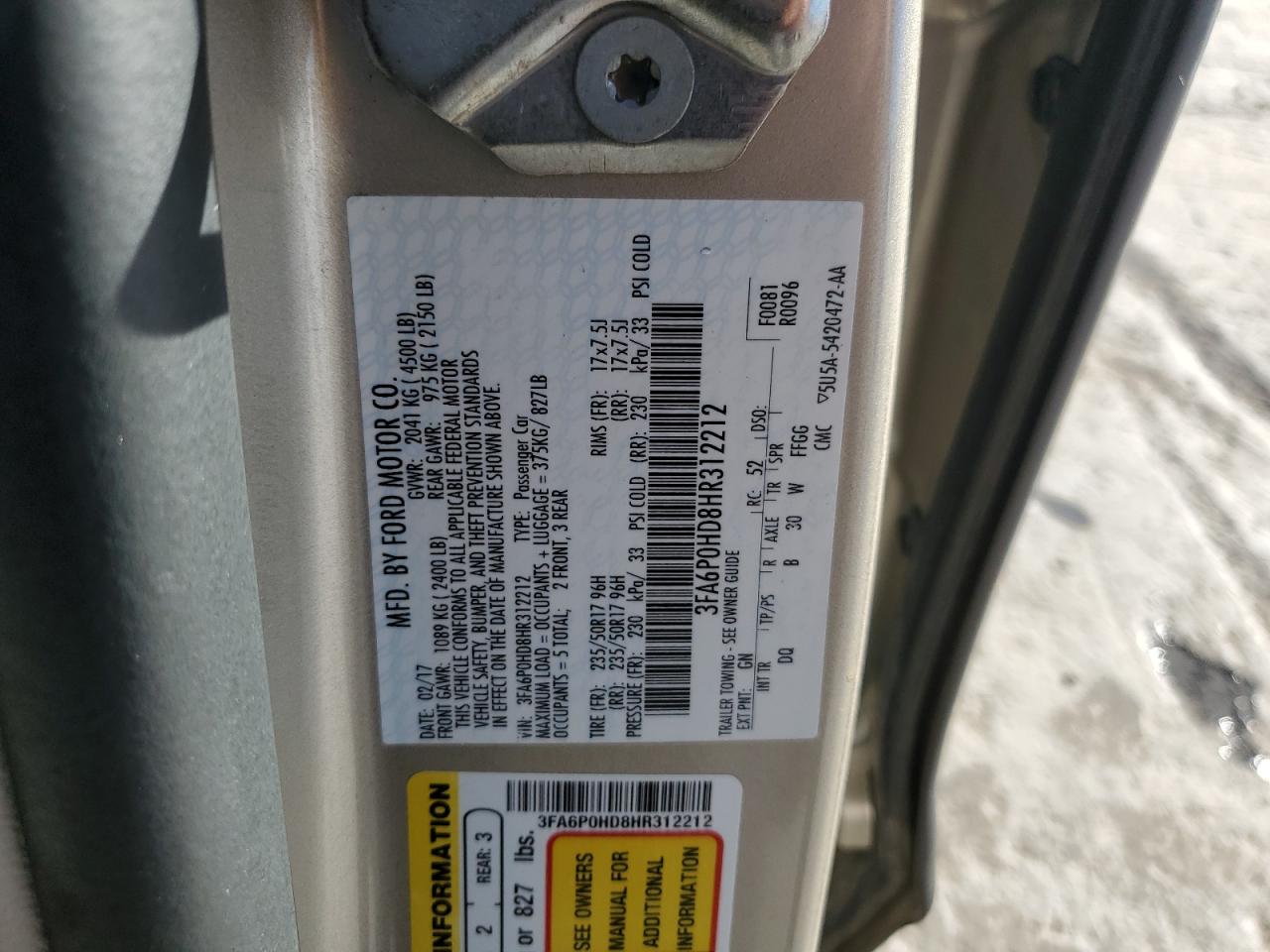 2017 Ford Fusion VIN 3FA6P0HD8HR312212 Copart auction photo, front end / undercarriage damage thumbnail 15