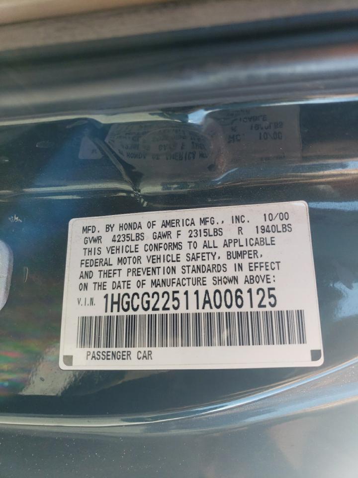 2001 Honda Accord VIN 1HGCG22511A006125 Copart auction photo, rear end damage thumbnail 14