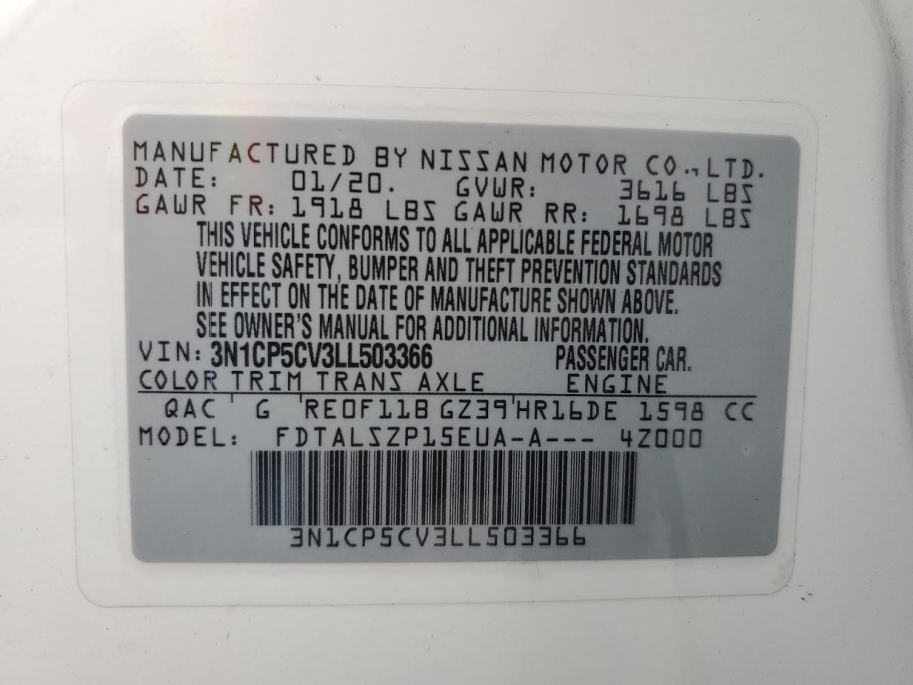 2020 Nissan Kicks VIN 3N1CP5CV3LL503366 Copart auction photo, front end / side damage thumbnail 14