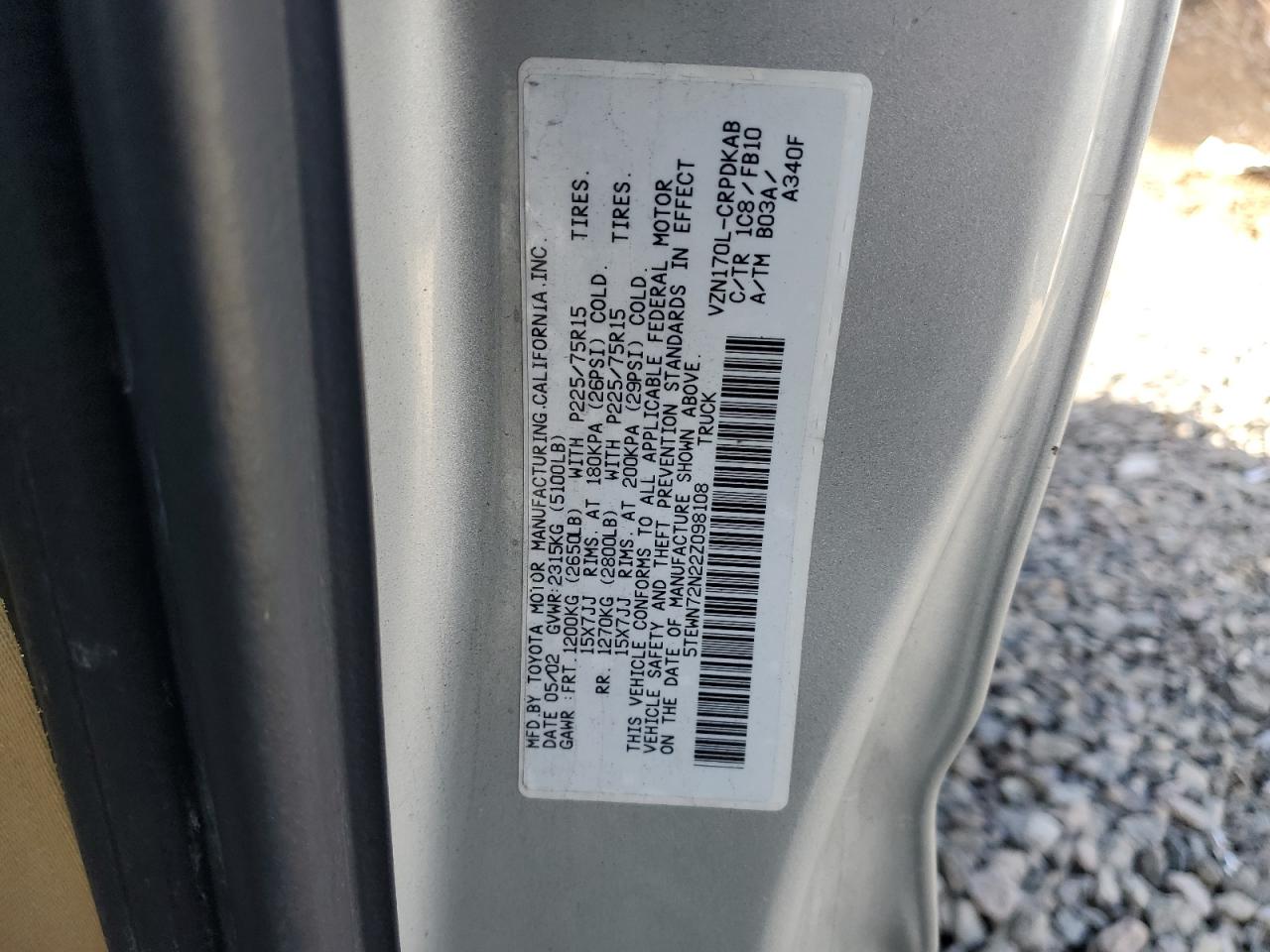 2002 Toyota Tacoma VIN 5TEWN72N22Z098108 Copart auction photo, all over damage thumbnail 12